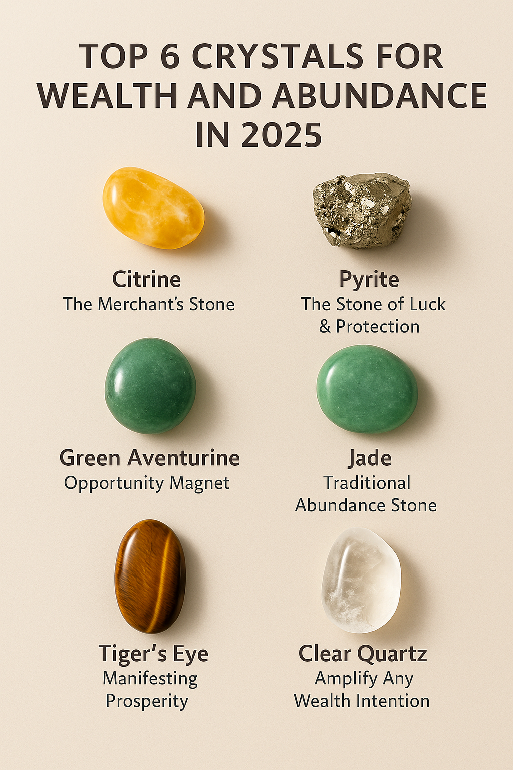 A labeled image featuring the top 6 crystals for wealth and abundance in 2025, including Citrine, Pyrite, Green Aventurine, Jade, Tiger’s Eye, and Clear Quartz, displayed on a neutral beige background with bold titles and subtitles.