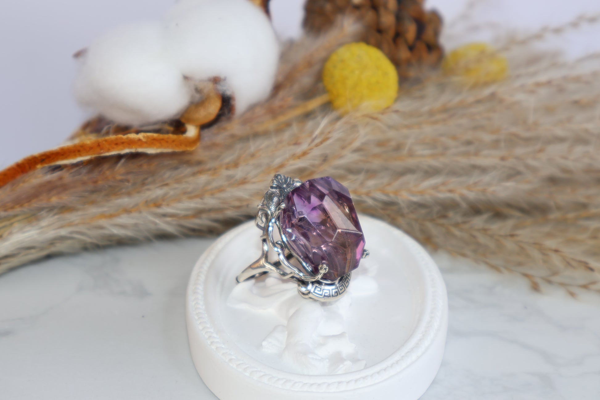 Side view of twin fish silver frame embracing large Ametrine crystal