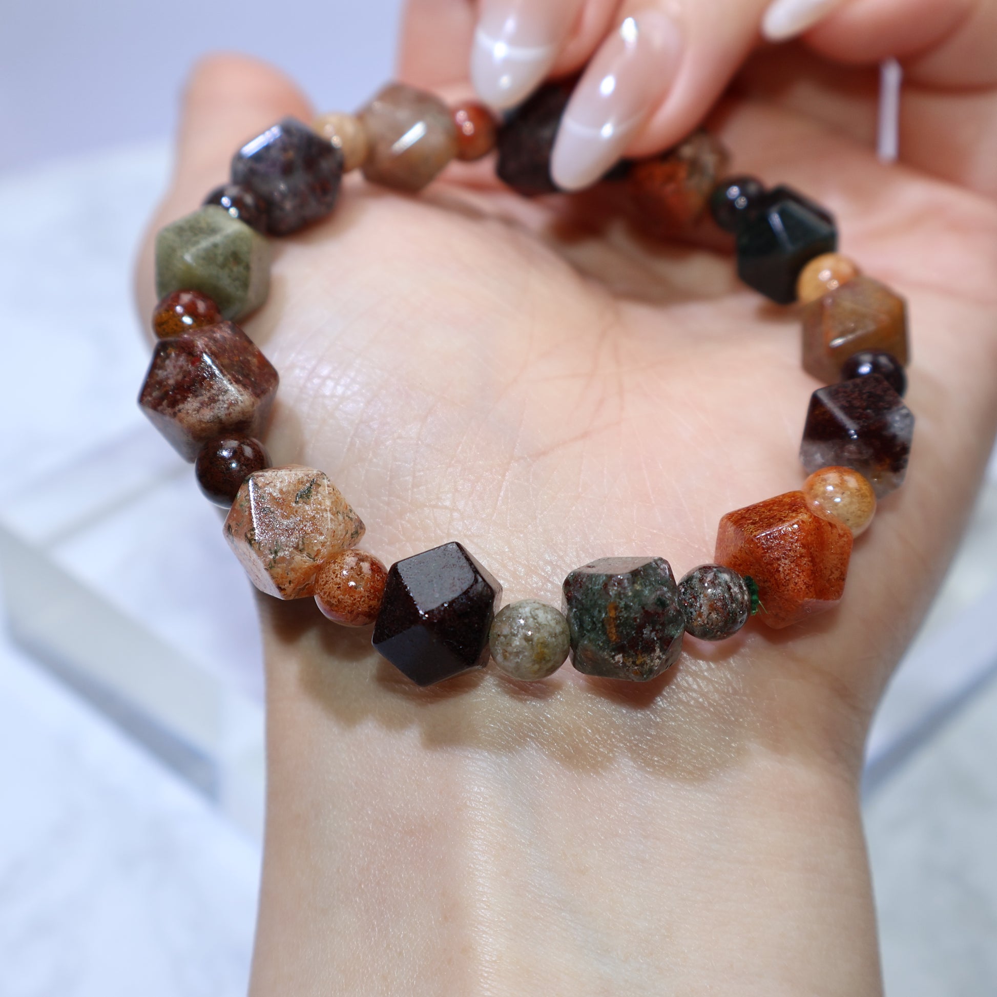 Side angle highlighting natural inclusions and cloudy textures