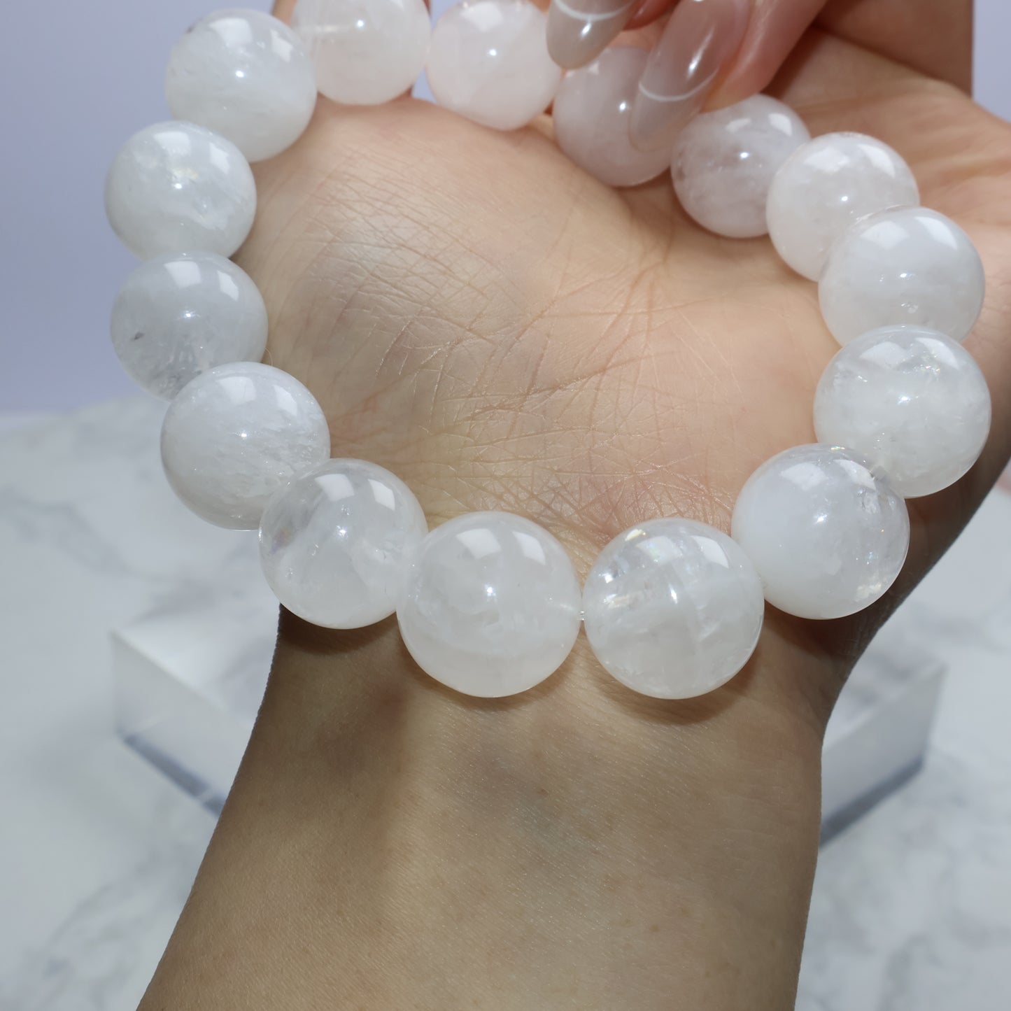 Close-up wrist shot showing soft internal phantoms and crystal sheen