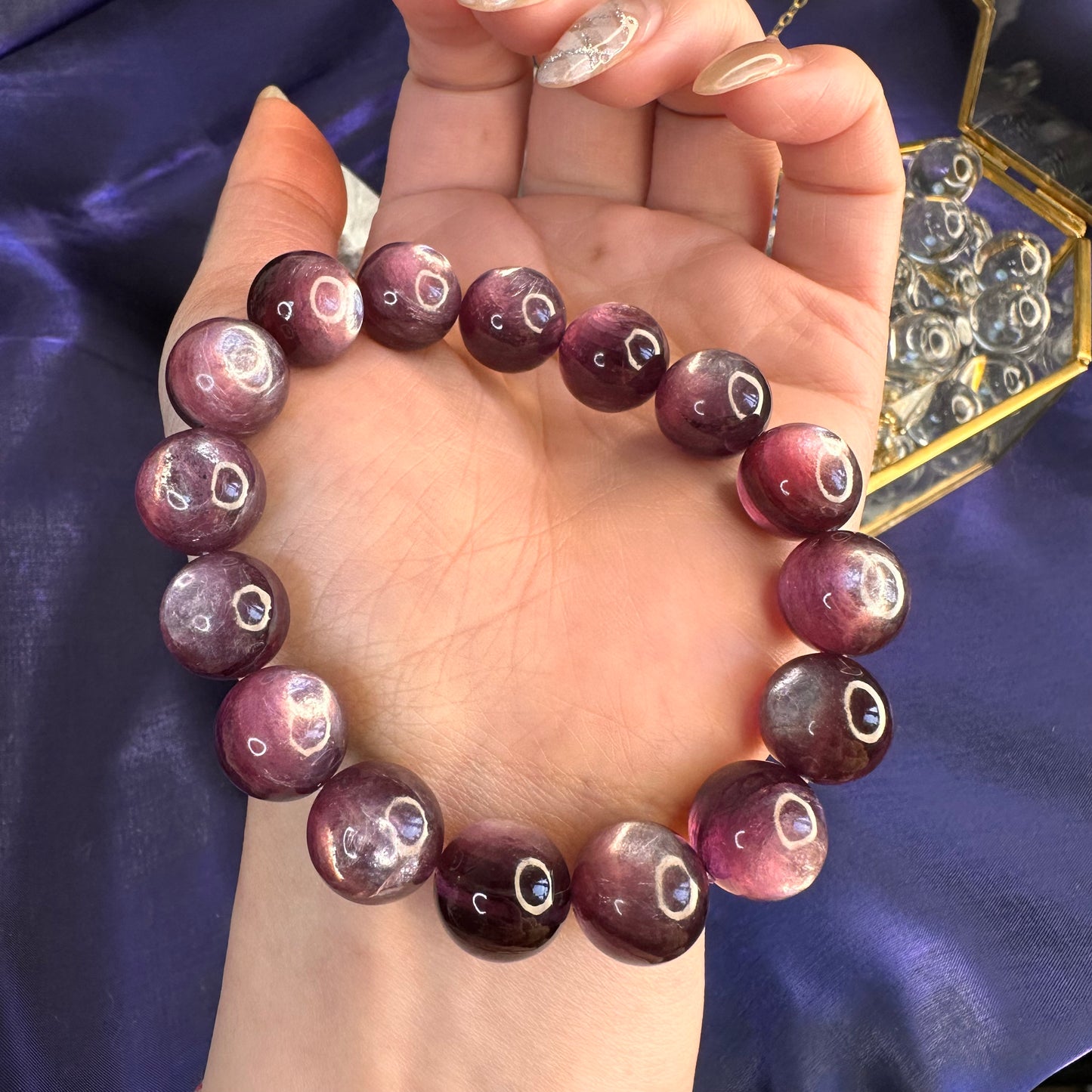 Natural Lepidolite Bracelet – 13mm Calming Purple Mica Crystal for Emotional Balance