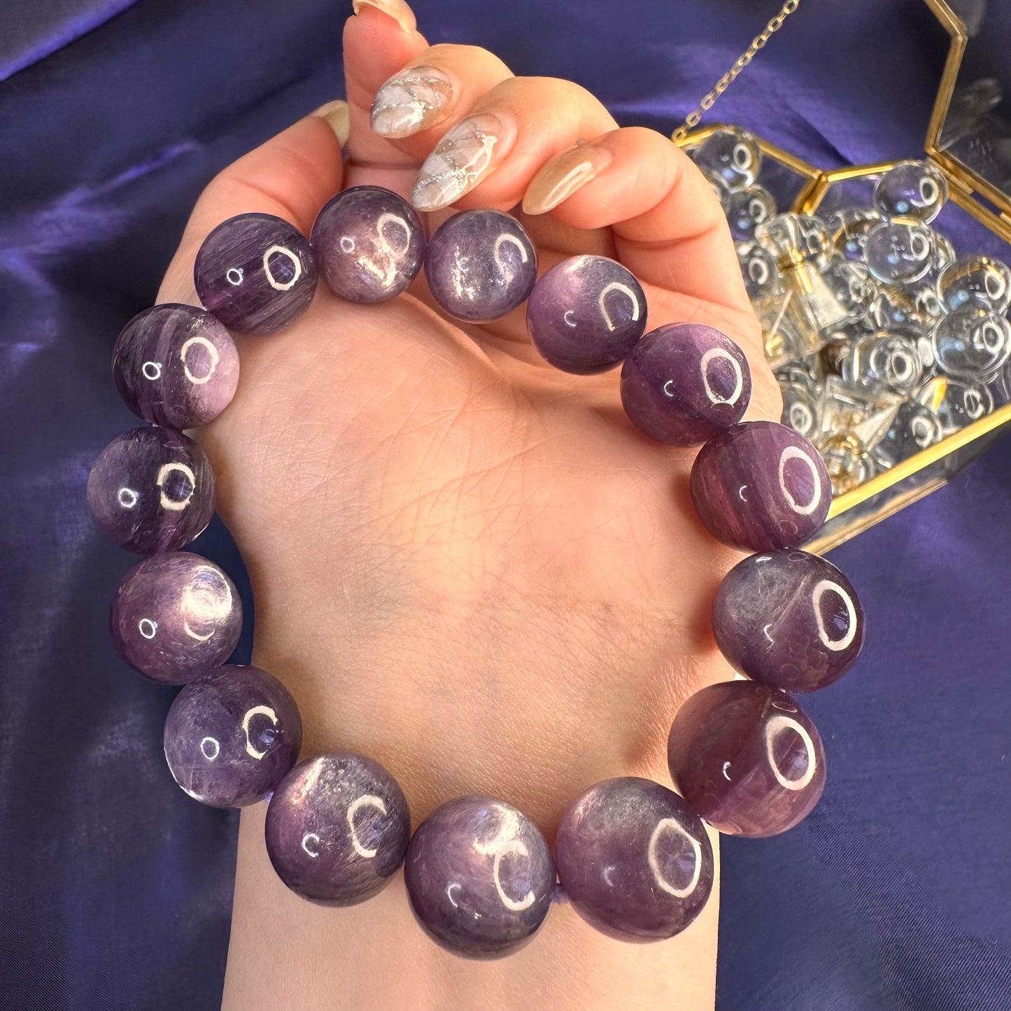 Natural Lepidolite Bracelet – 14mm Calming Purple Mica Crystal for Emotional Balance