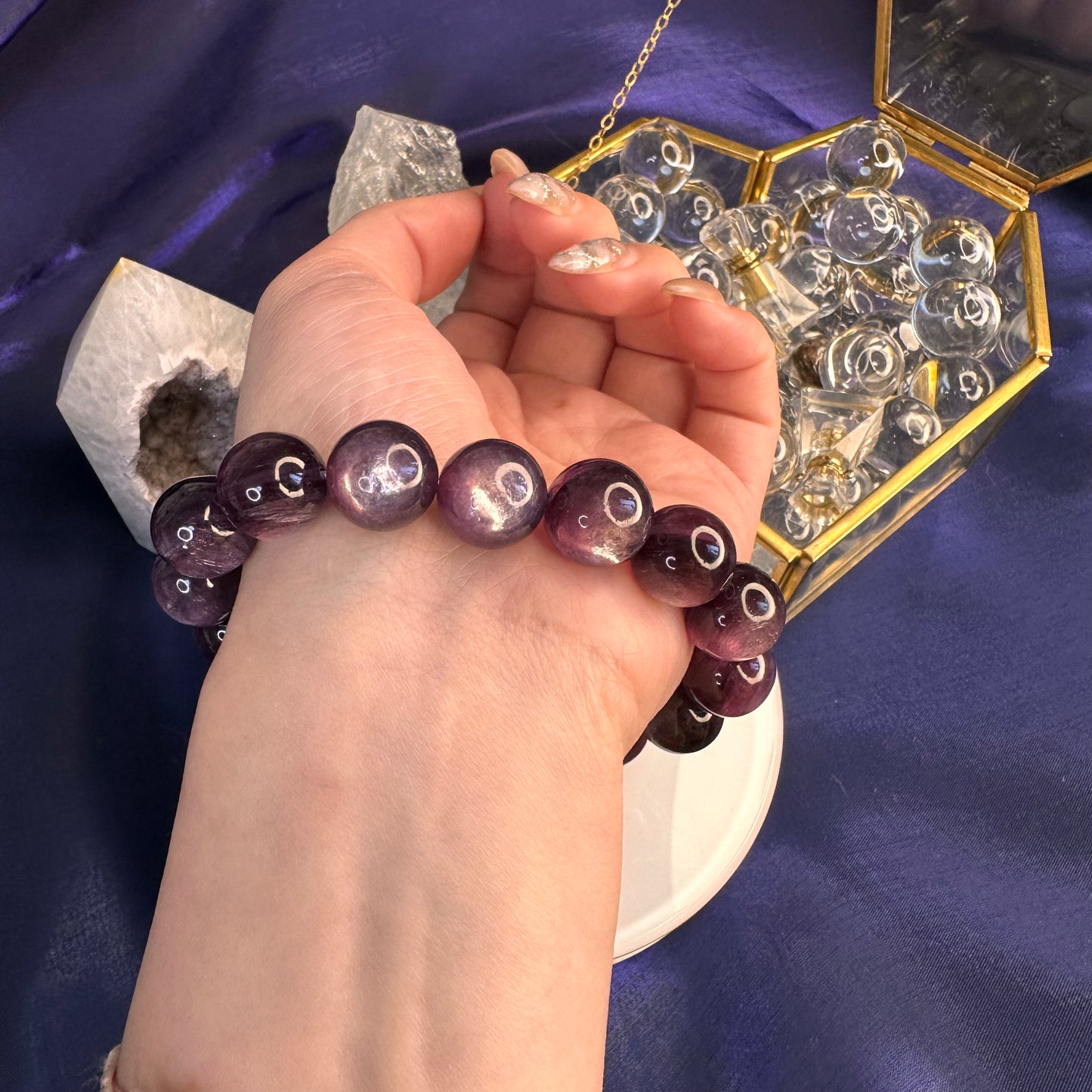 Natural Lepidolite Bracelet – 13mm Calming Purple Mica Crystal for Emotional Balance