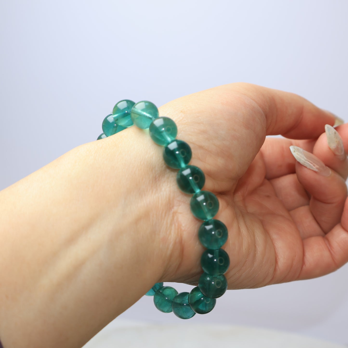 Natural 9mm Green Fluorite Bracelet on Wrist – Side View