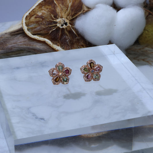 Close-up front view of Verdant Elegance Tourmaline & Zircon Earrings showing vibrant gemstones set in sterling silver