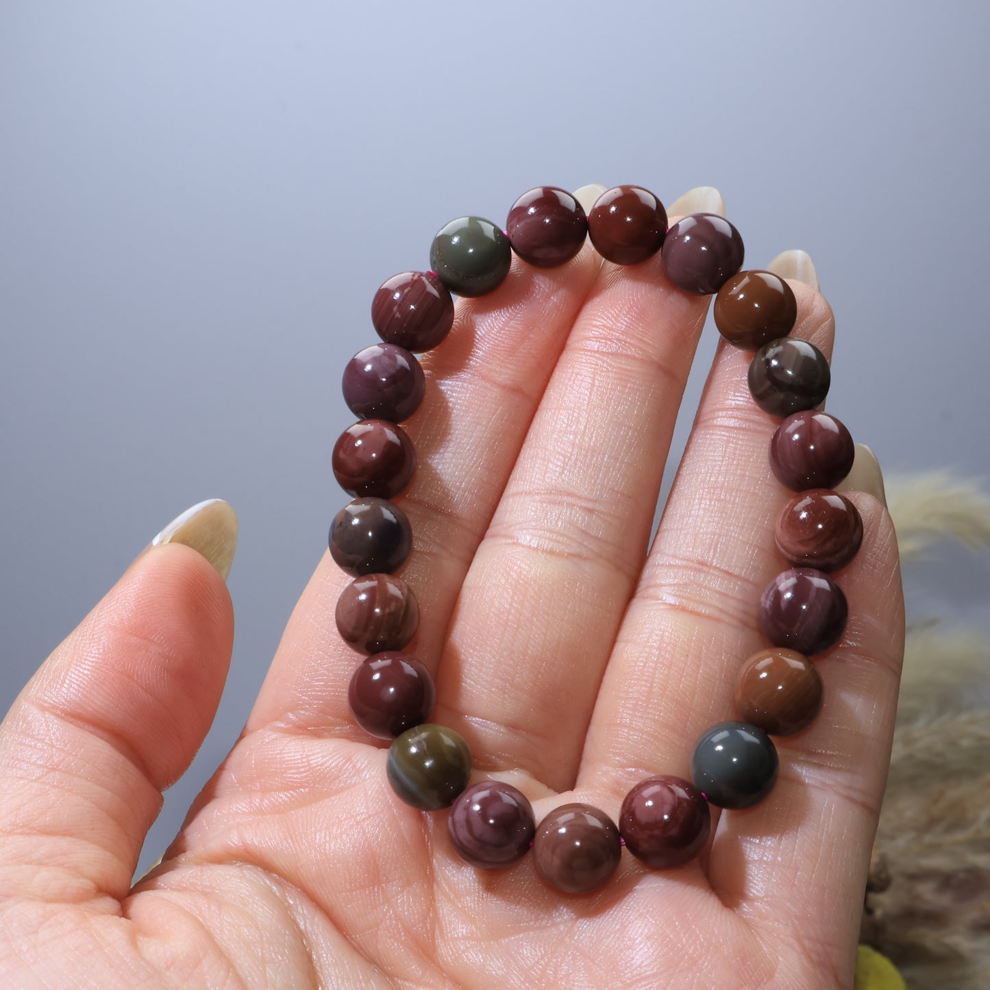 Hand holding Alashan Agate bracelet showing earthy tones