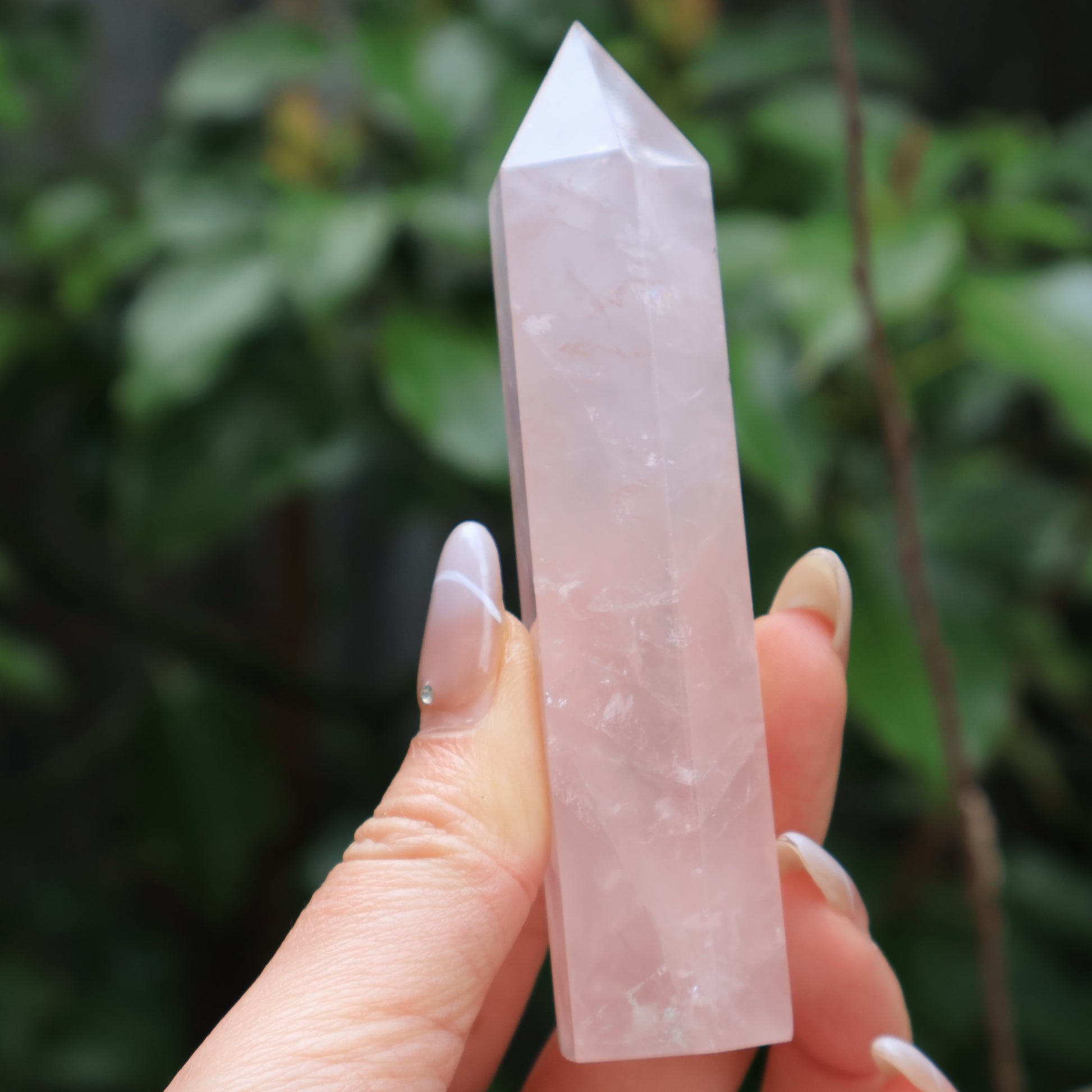 Rose quartz tower crystal with translucent body and internal textures, held in hand outdoors.