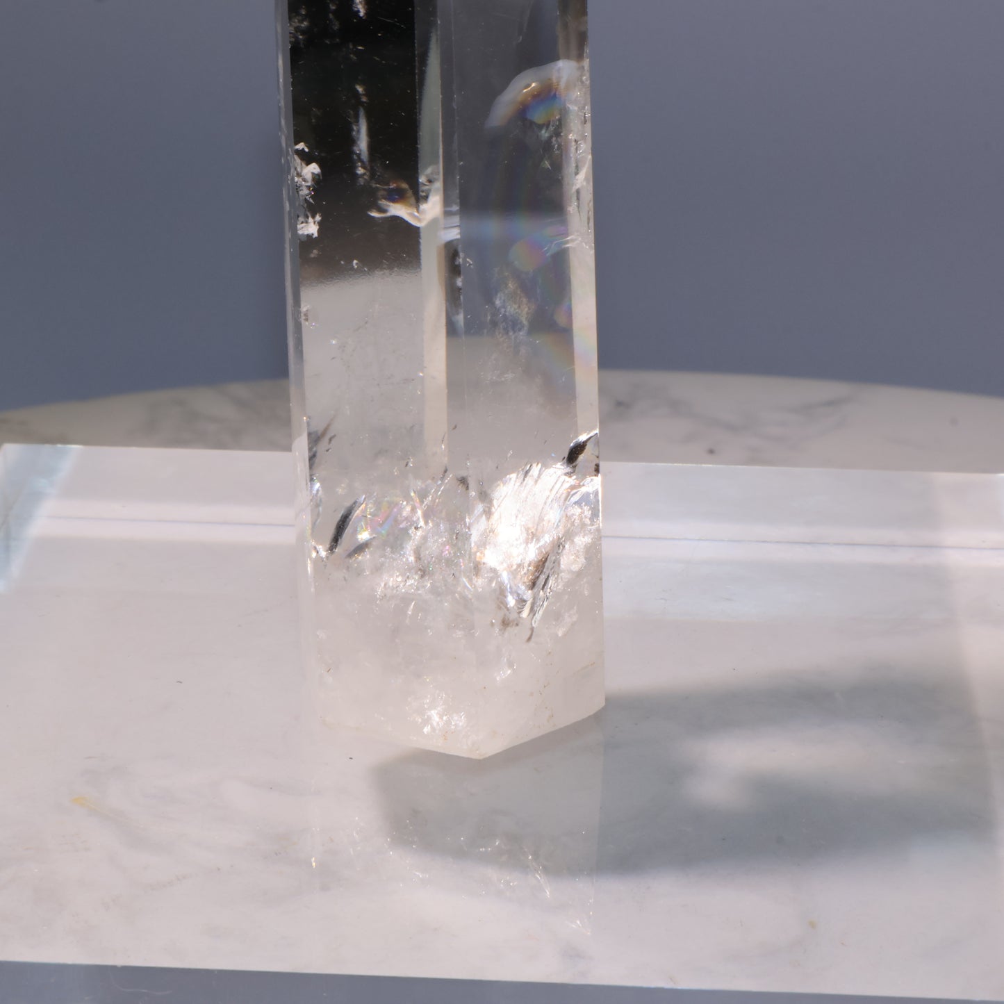 Clear Quartz Tower – close-up of the base showing cotton inclusions.