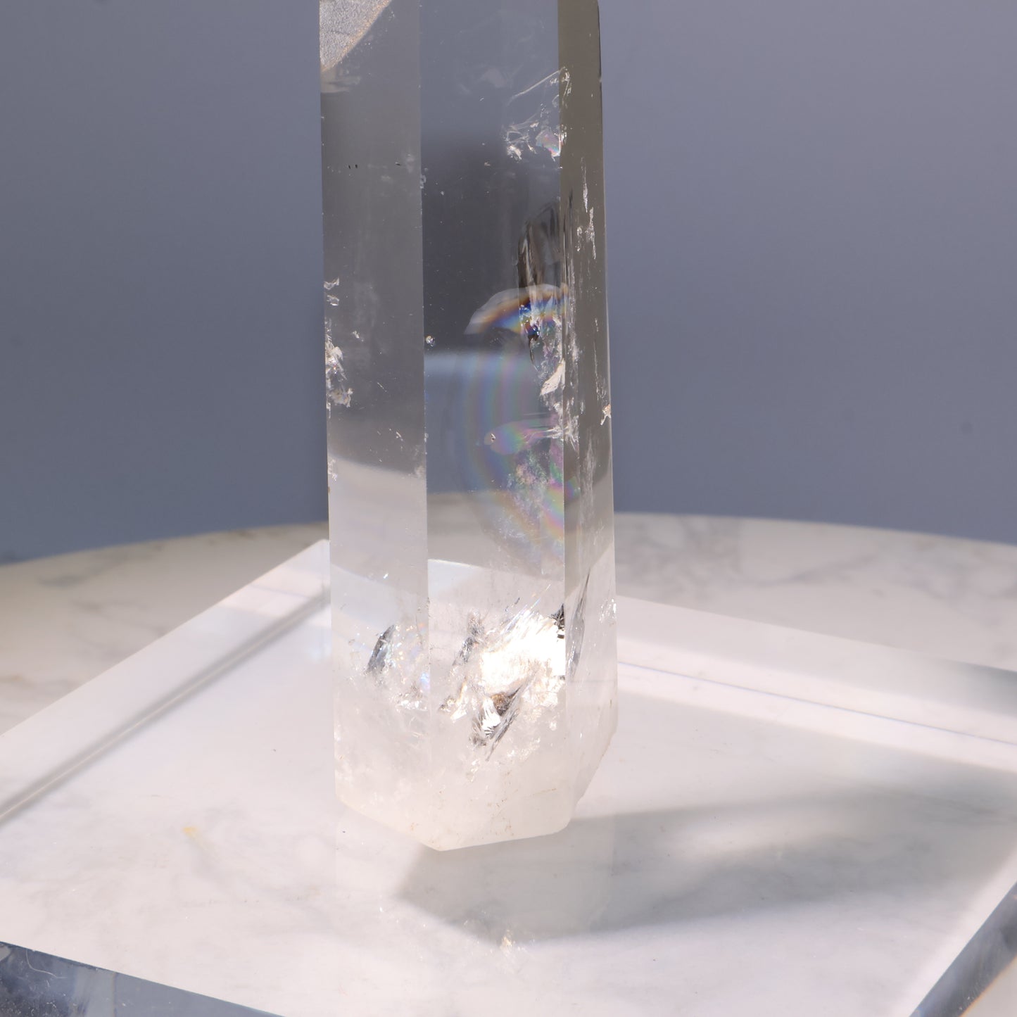 Clear Quartz Tower – angled macro showing rainbow reflection.