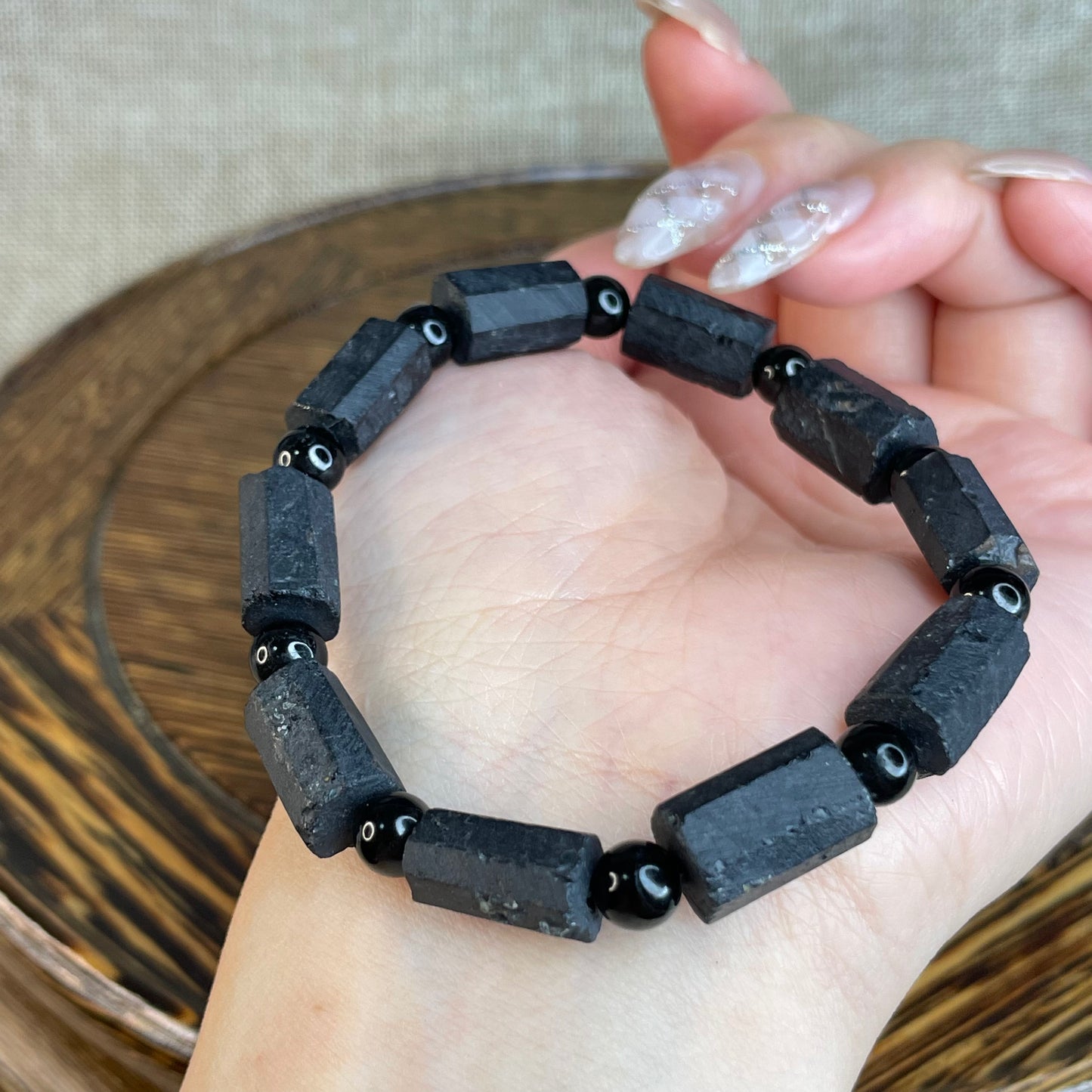 Natural Black Tourmaline Raw Crystal Bracelet | 9mm Hexagonal Beads | Protection & Grounding