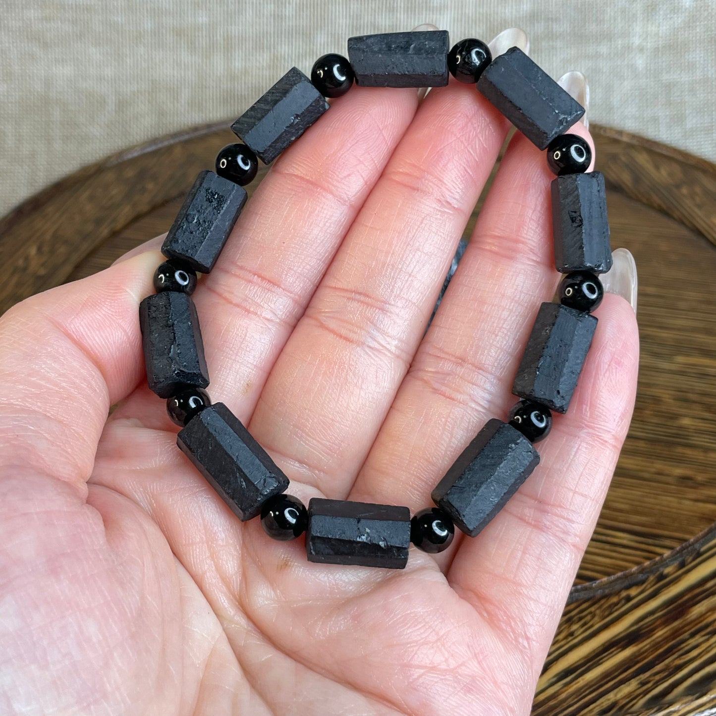 Natural Black Tourmaline Raw Crystal Bracelet | 9mm Hexagonal Beads | Protection & Grounding