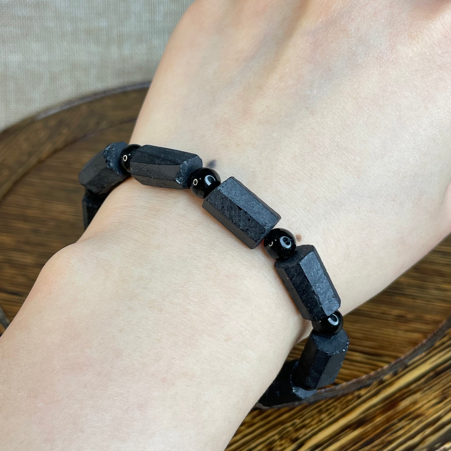 Natural Black Tourmaline Raw Crystal Bracelet | 9mm Hexagonal Beads | Protection & Grounding