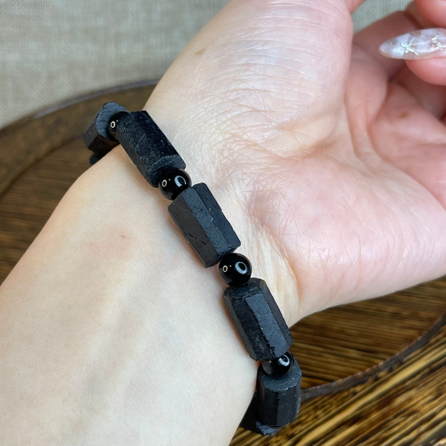 Natural Black Tourmaline Raw Crystal Bracelet | 9mm Hexagonal Beads | Protection & Grounding