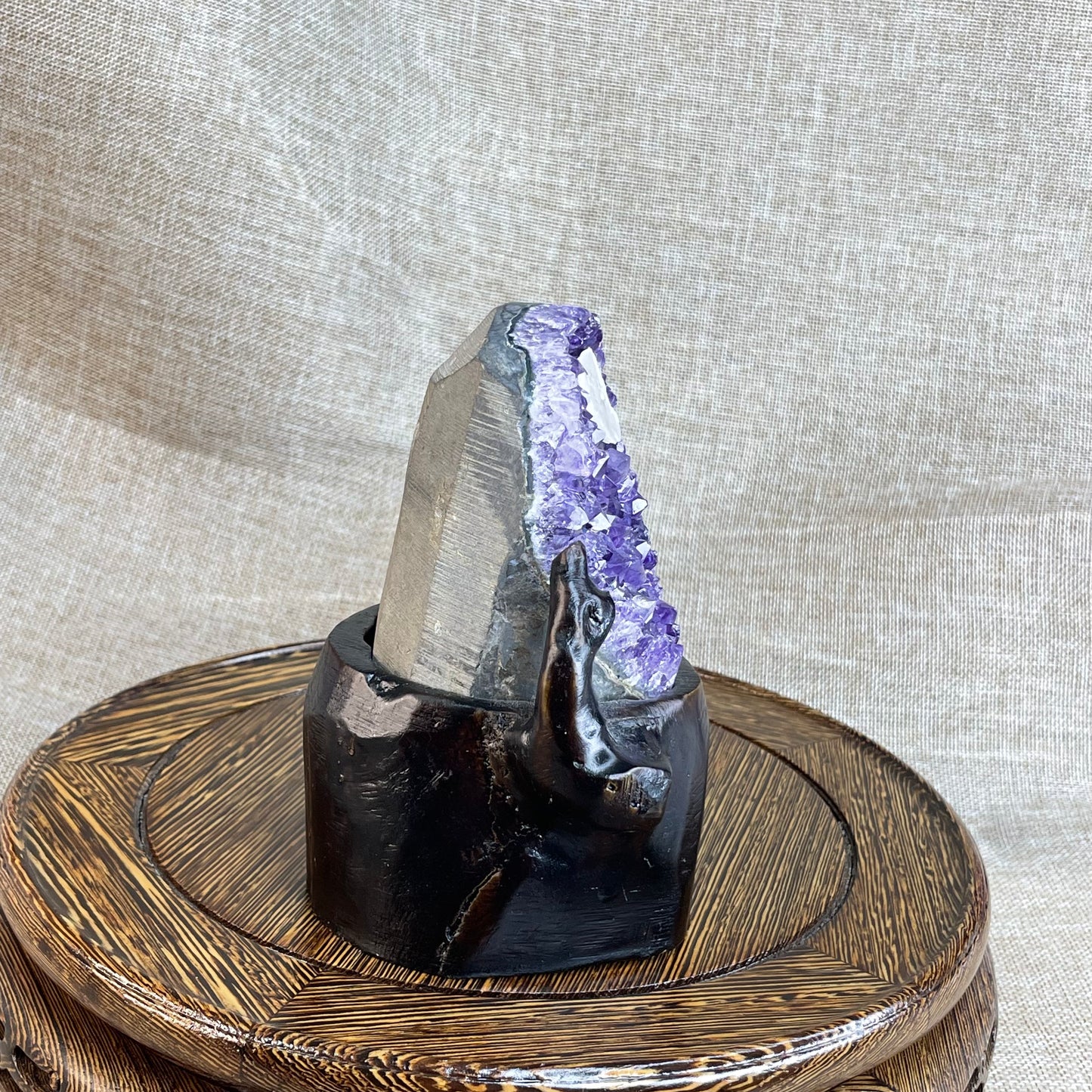Amethyst Cluster with Calcite – With Hand-Carved Wooden Base