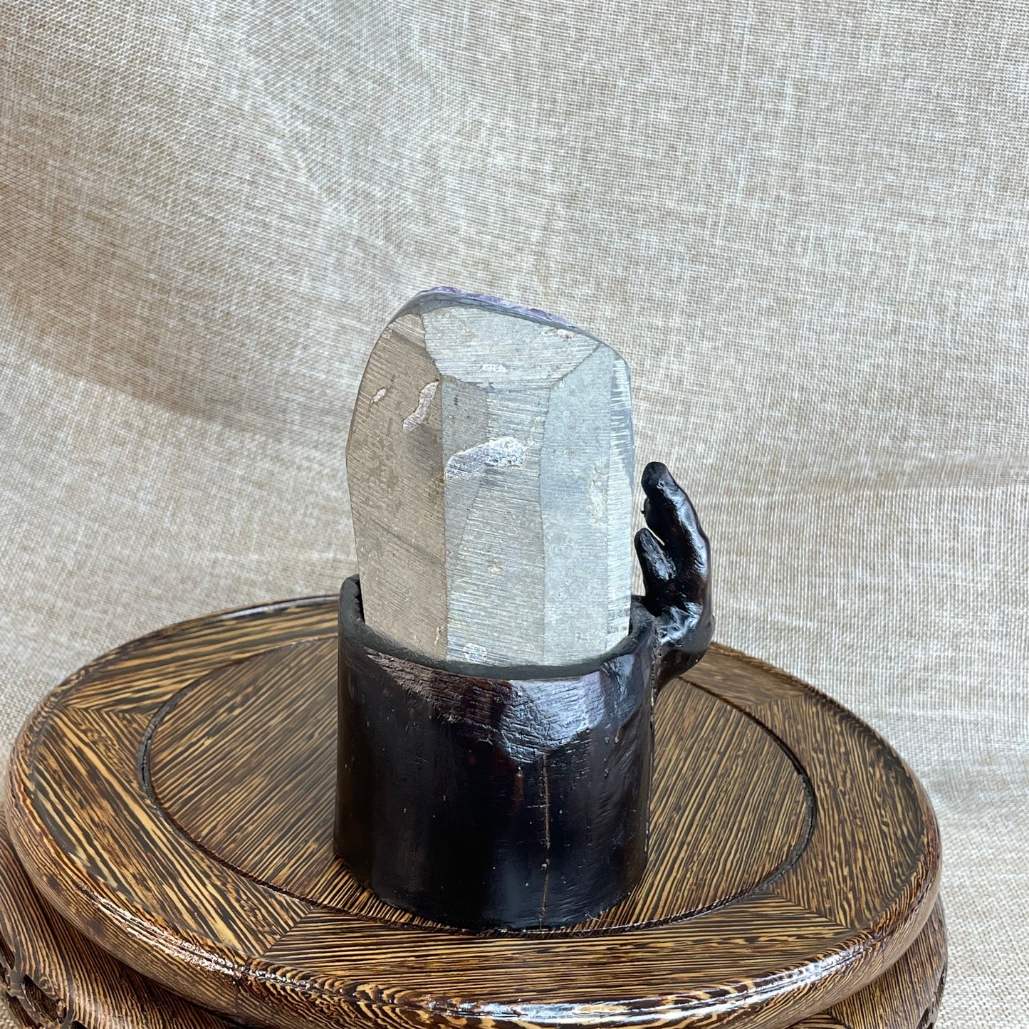 Amethyst Cluster with Calcite – With Hand-Carved Wooden Base
