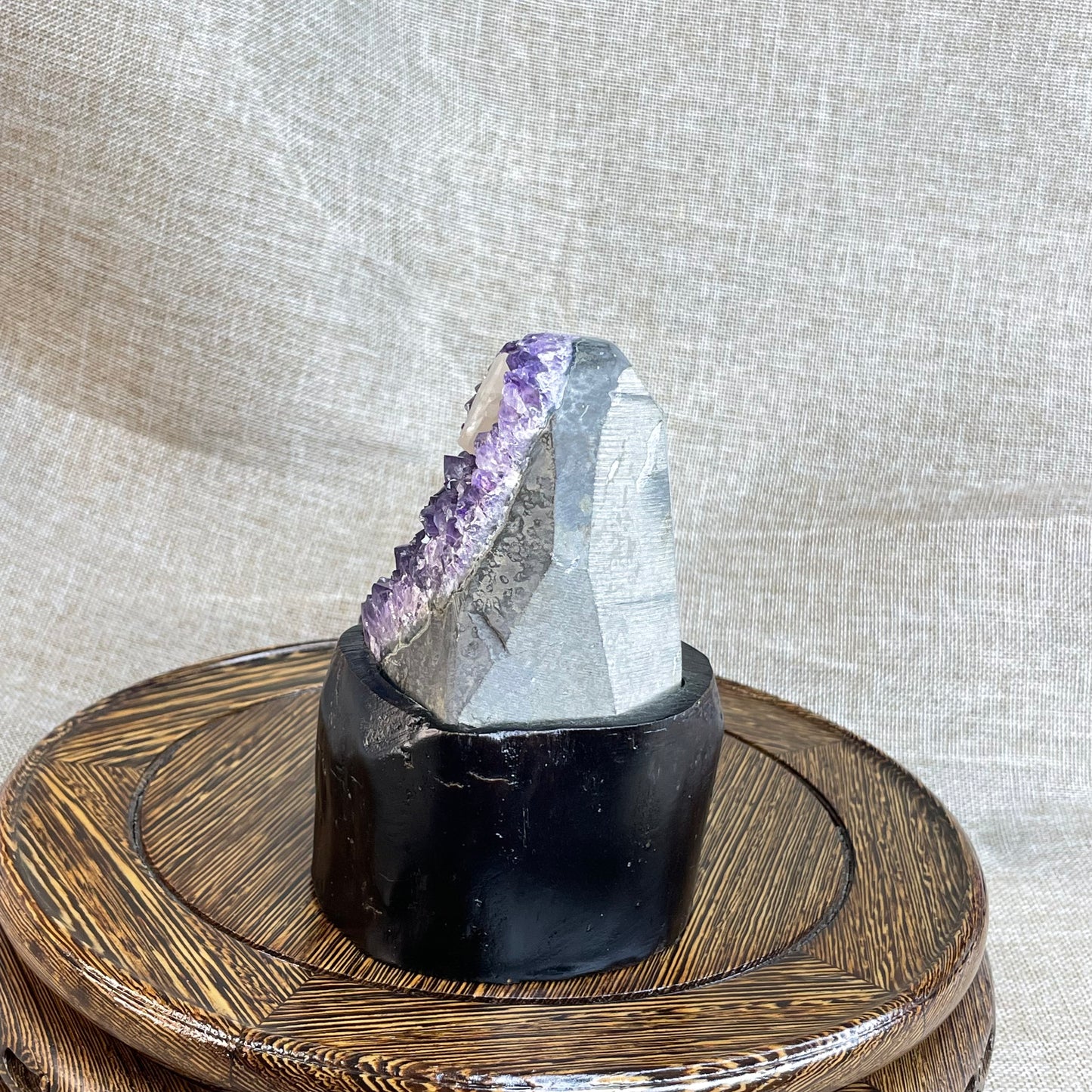 Amethyst Cluster with Calcite – With Hand-Carved Wooden Base