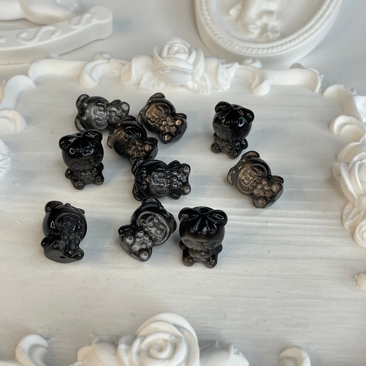 Set of 10 – Silver Obsidian Bear Carving Beads (18mm) | Natural Crystal DIY Charms