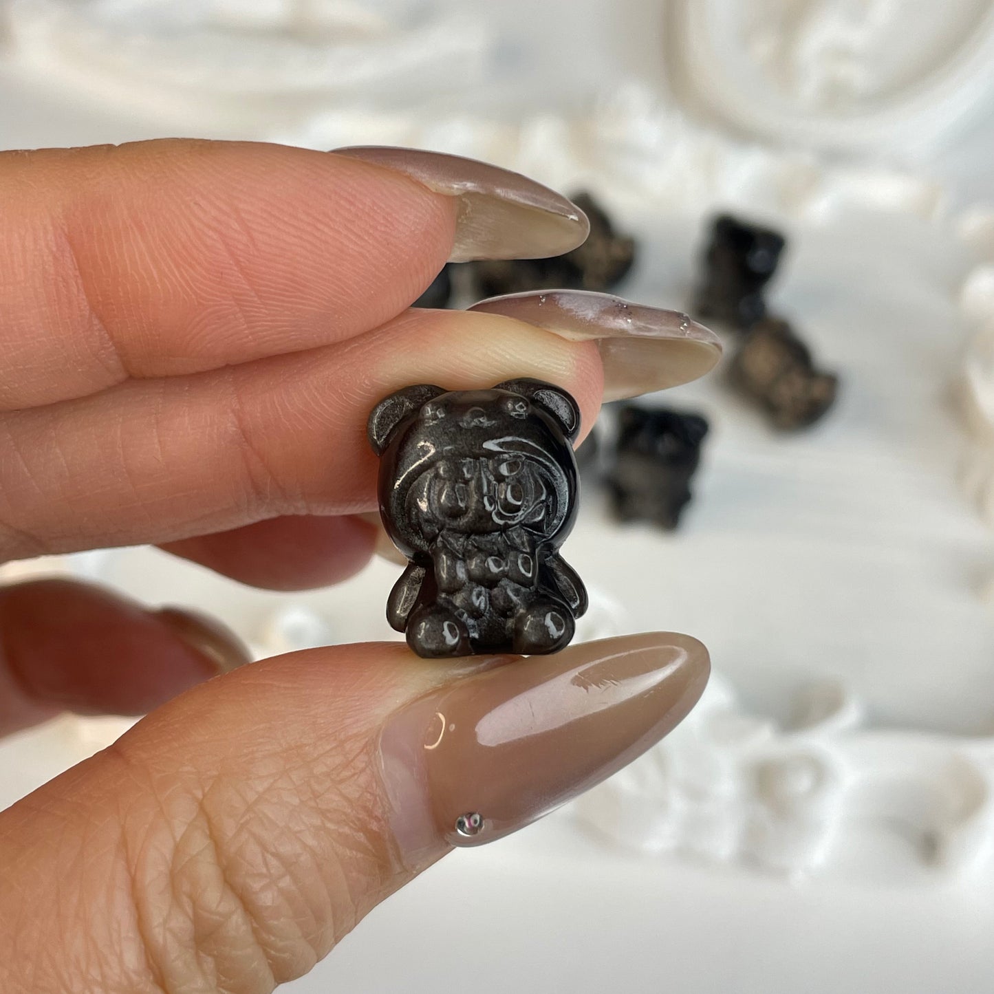 Set of 10 – Silver Obsidian Bear Carving Beads (18mm) | Natural Crystal DIY Charms