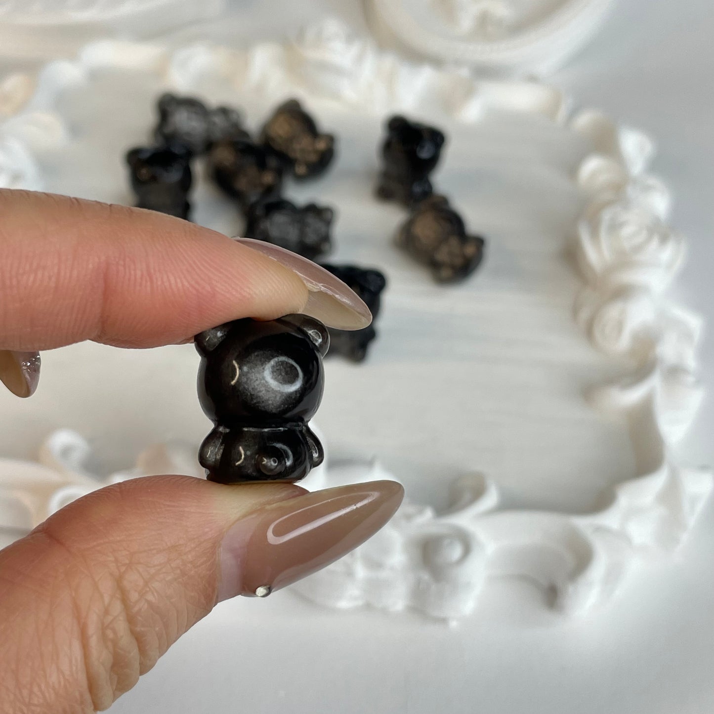Set of 10 – Silver Obsidian Bear Carving Beads (18mm) | Natural Crystal DIY Charms