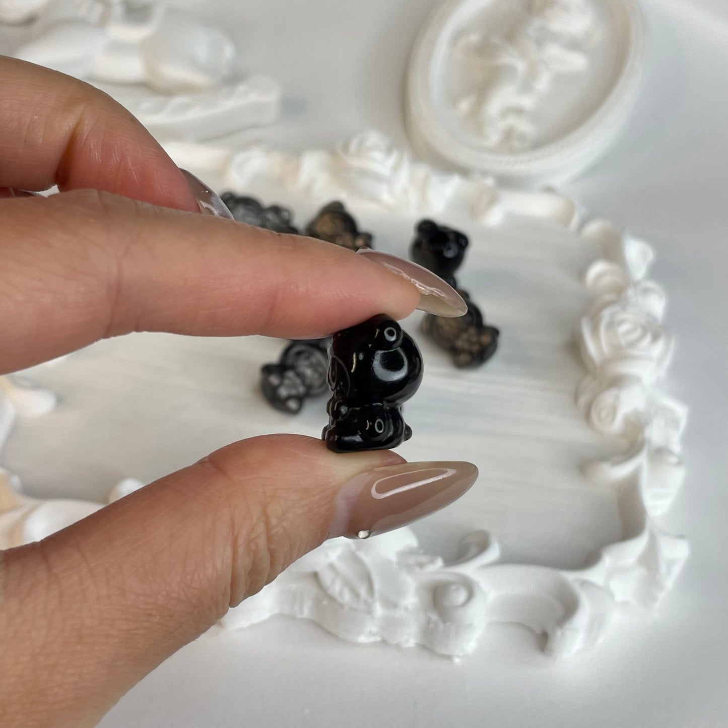 Set of 10 – Silver Obsidian Bear Carving Beads (18mm) | Natural Crystal DIY Charms