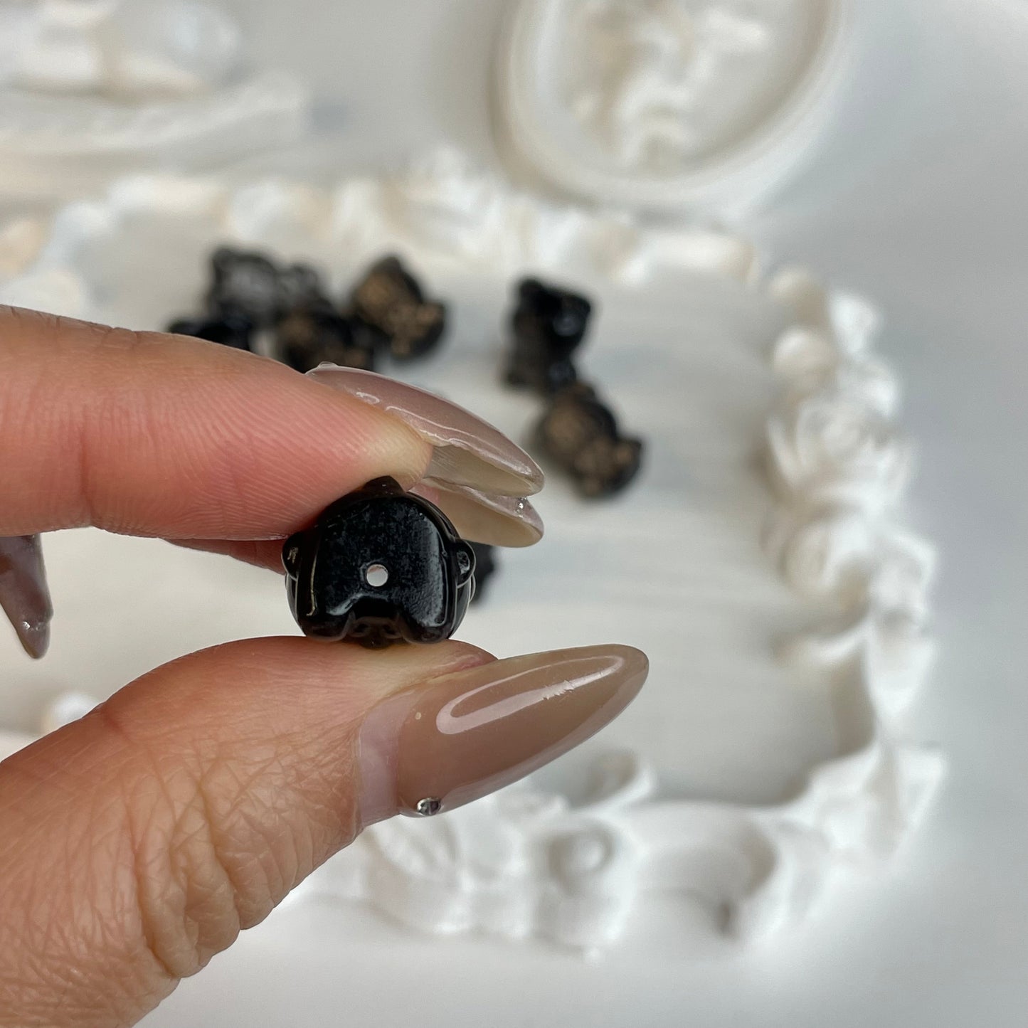 Set of 10 – Silver Obsidian Bear Carving Beads (18mm) | Natural Crystal DIY Charms