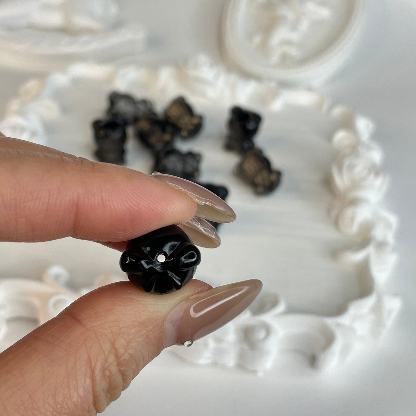 Set of 10 – Silver Obsidian Bear Carving Beads (18mm) | Natural Crystal DIY Charms