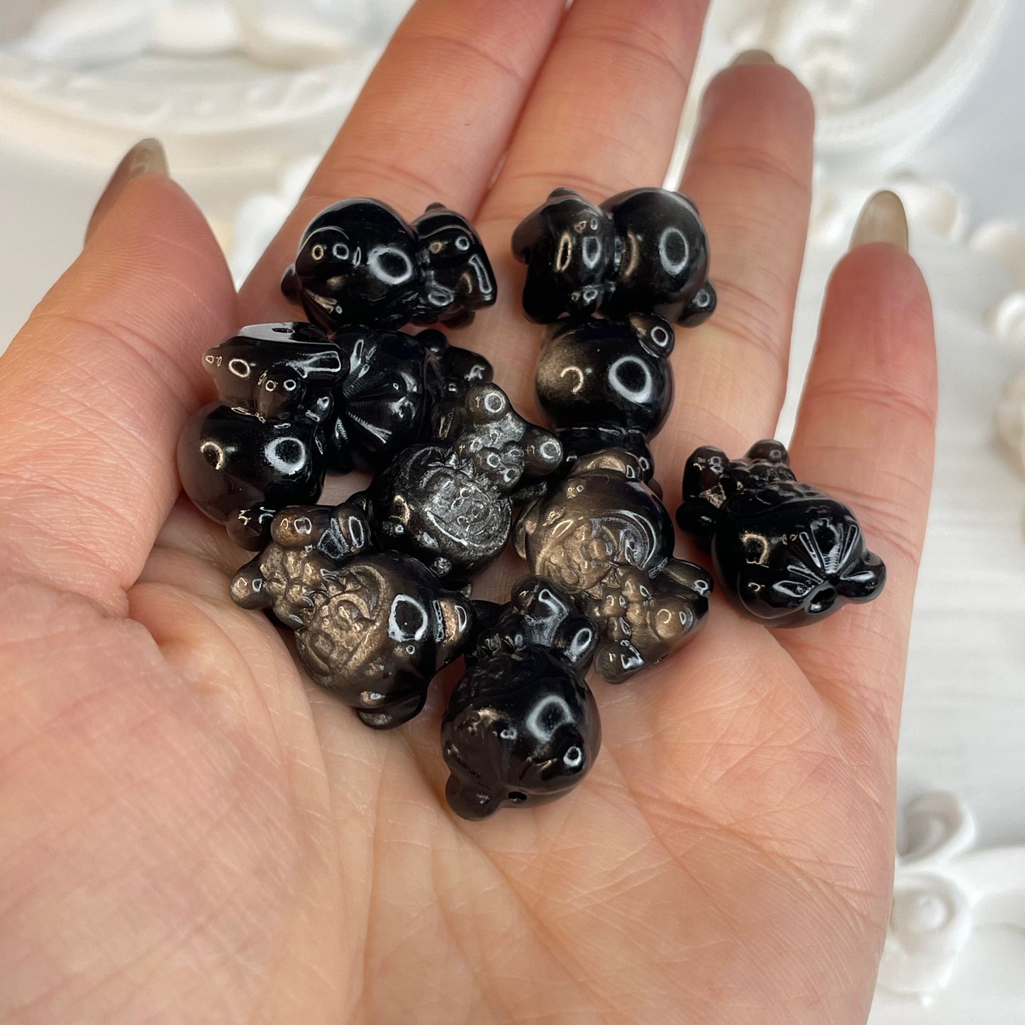Set of 10 – Silver Obsidian Bear Carving Beads (18mm) | Natural Crystal DIY Charms