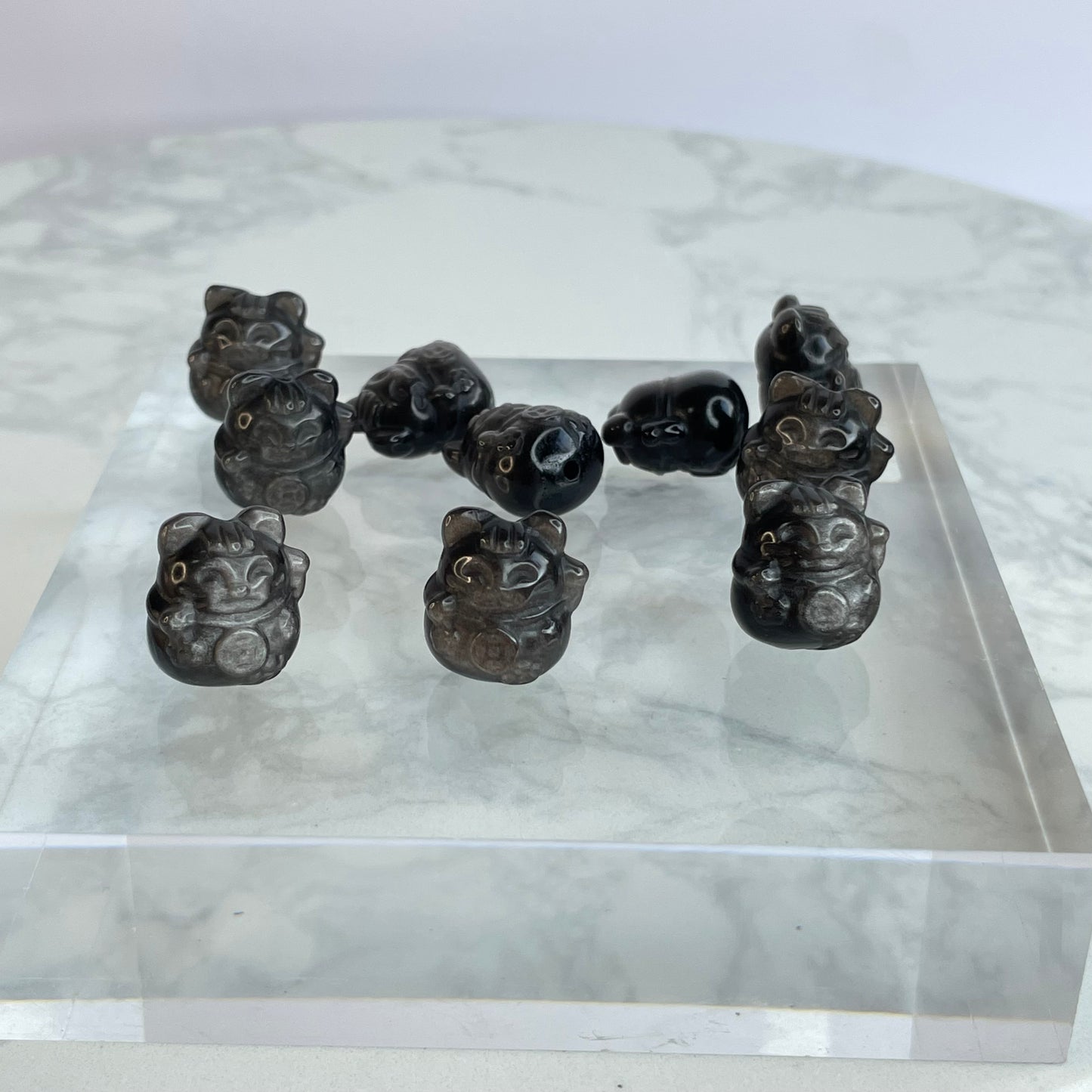 Silver Sheen Obsidian Lucky Cat 銀曜石招財貓 – DIY Beads 10pcs Set(16×16mm)