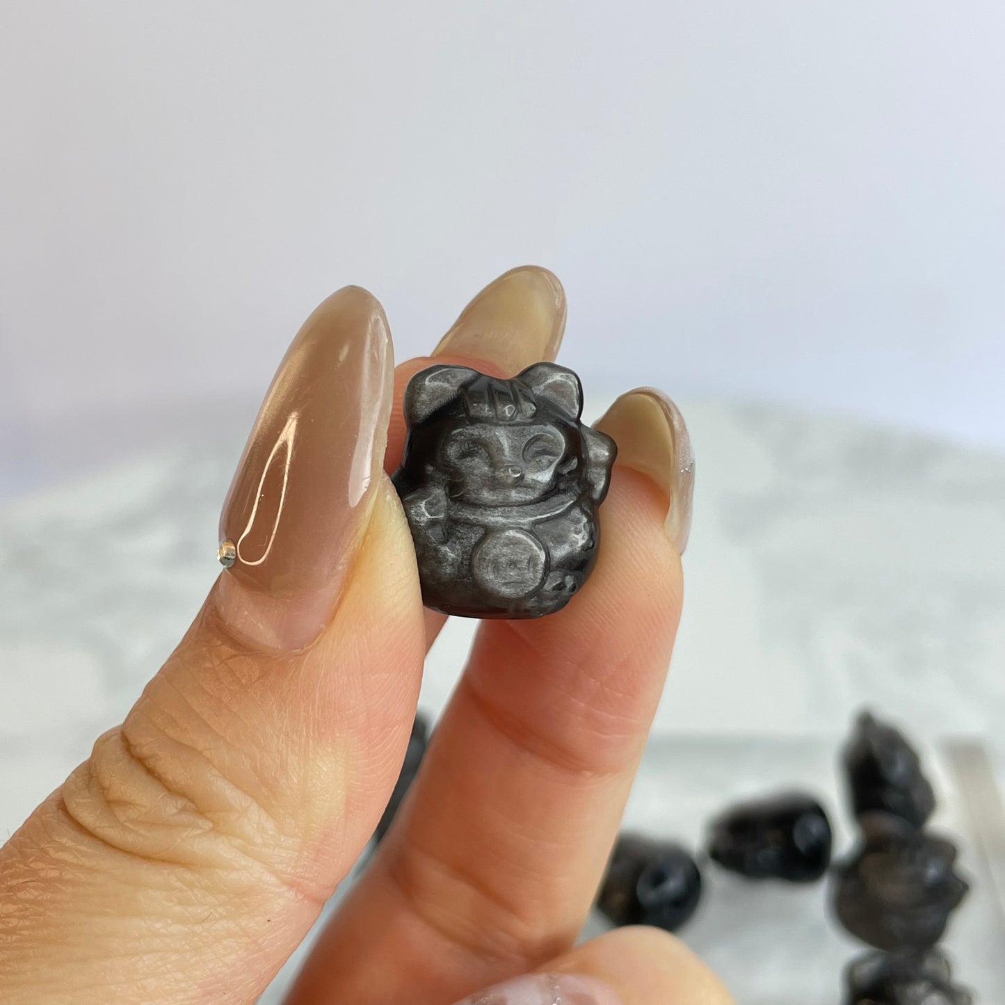 Silver Sheen Obsidian Lucky Cat 銀曜石招財貓 – DIY Beads 10pcs Set(16×16mm)
