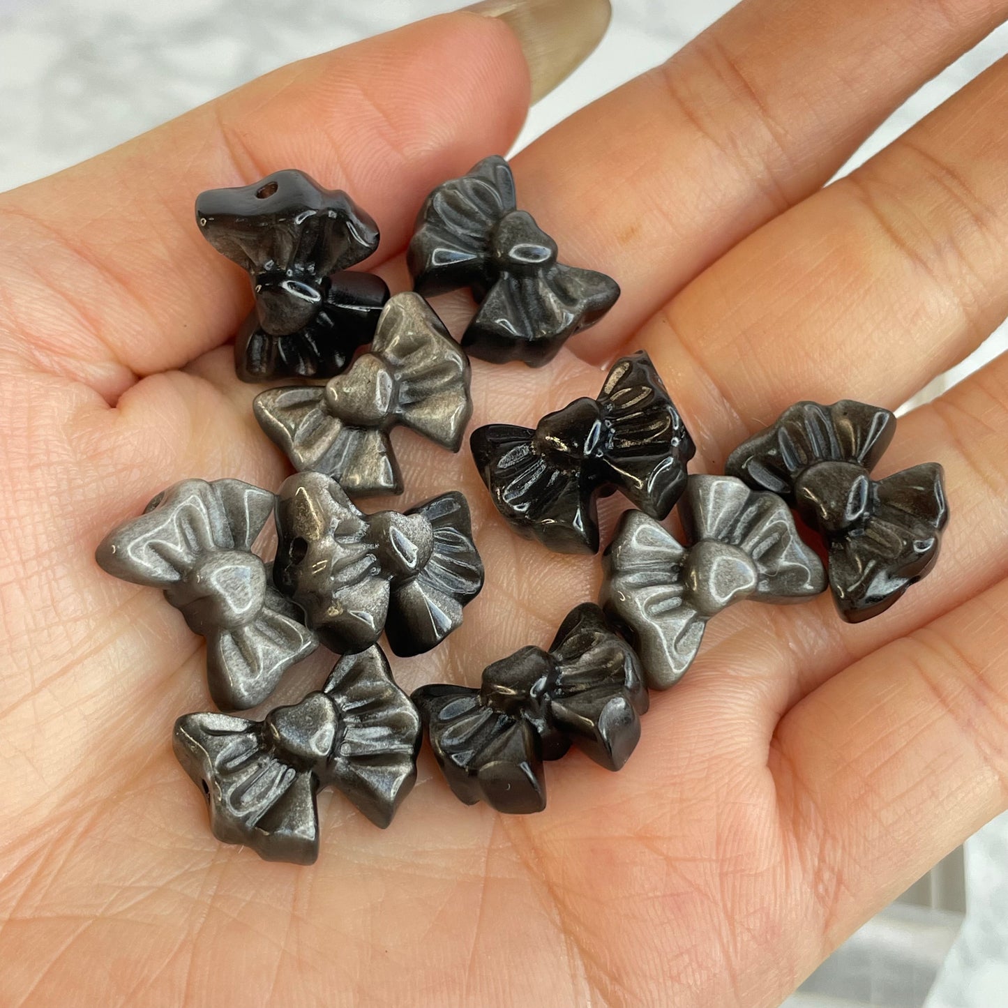 Silver Sheen Obsidian Bow Beads 銀曜石蝴蝶結 – 10pcs Set(14×17mm)