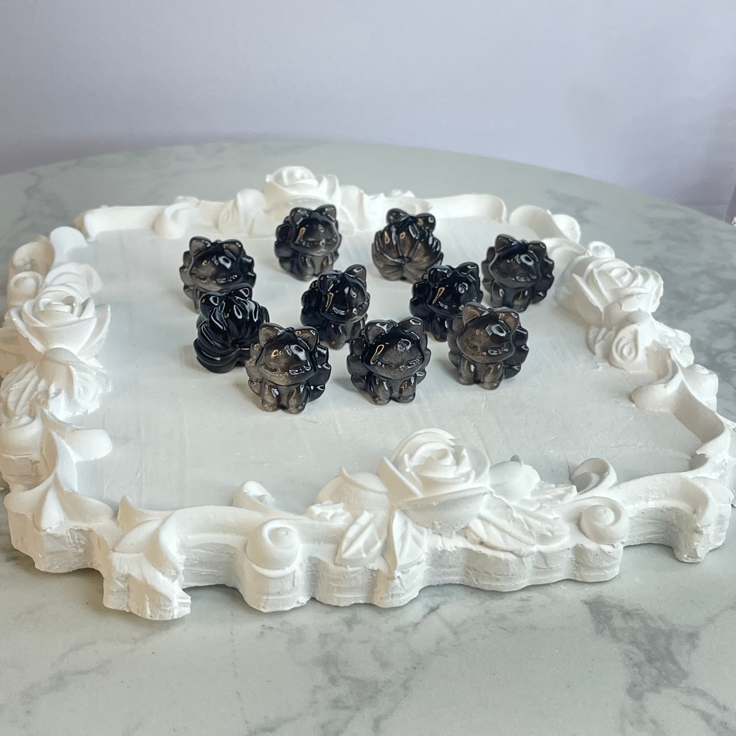 10pcs Silver Sheen Obsidian Nine-Tailed Fox Beads – Carved Crystal Charms 銀曜石九尾狐珠 – 一組10顆(雕刻水晶DIY飾品)