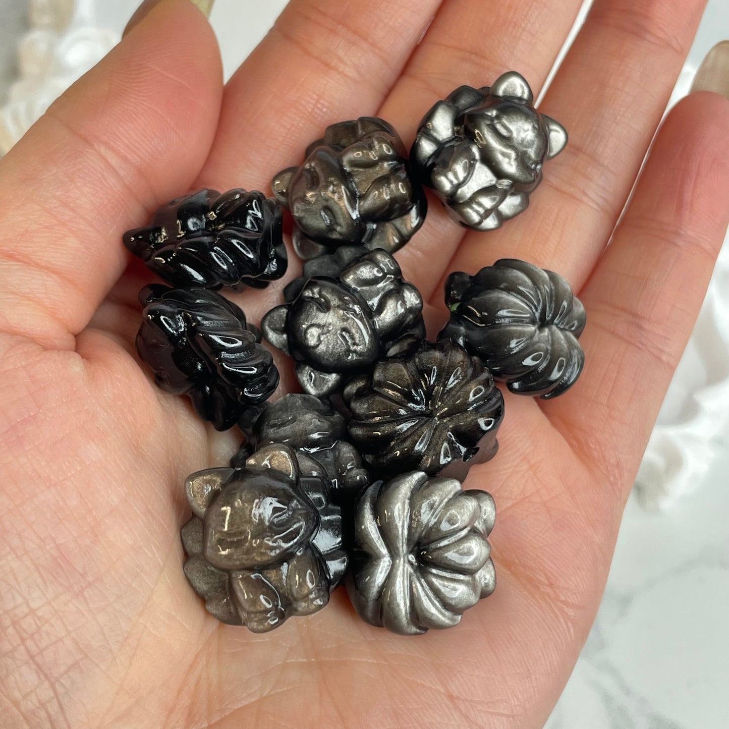 10pcs Silver Sheen Obsidian Nine-Tailed Fox Beads – Carved Crystal Charms 銀曜石九尾狐珠 – 一組10顆(雕刻水晶DIY飾品)