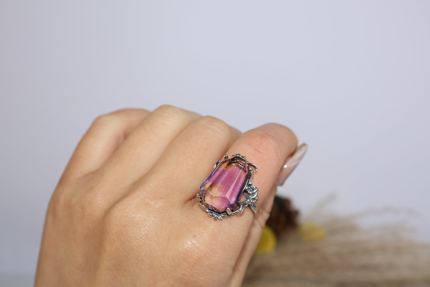 Worn on finger – large Ametrine crystal ring with vintage botanical aesthetic
