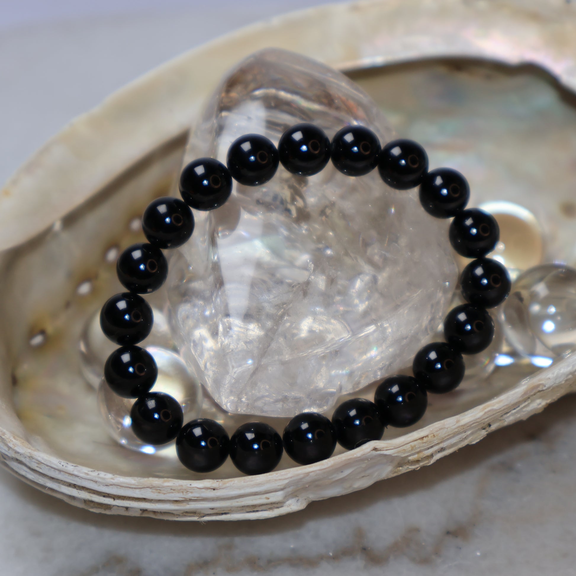 Natural 9mm Black Tourmaline Bracelet on Clear Quartz Crystal