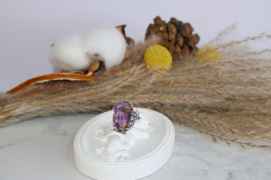 Close-up of freeform faceted Ametrine crystal in oxidized silver botanical setting