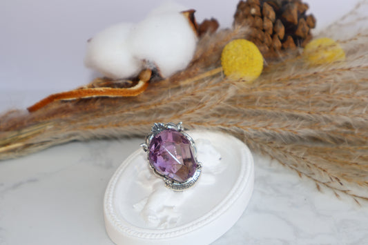 Freeform Ametrine ring with twin fish and flower silver design on angel dish