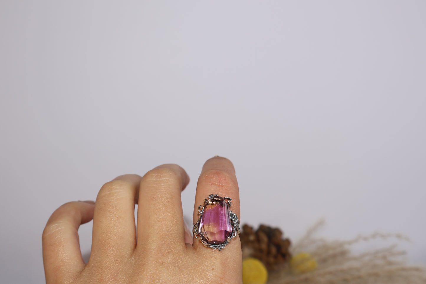 Worn on finger – large Ametrine crystal ring with vintage botanical aesthetic