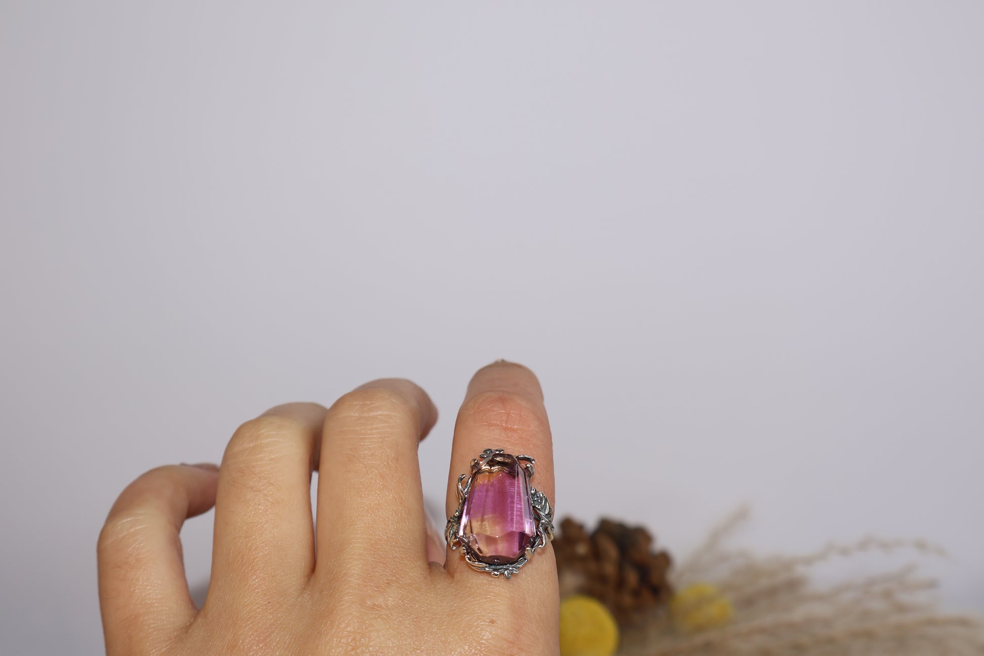 Worn on finger – large Ametrine crystal ring with vintage botanical aesthetic