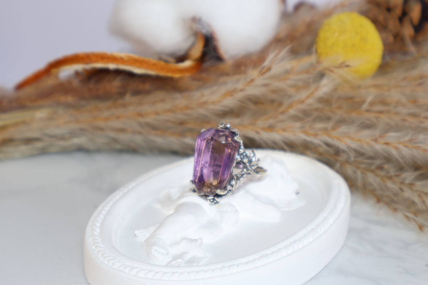 Artistic side angle of S925 silver vine ring with sparkling Ametrine crystal