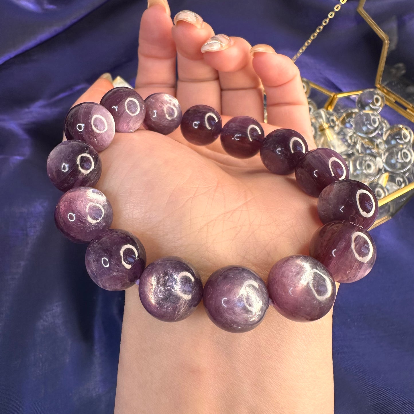 Natural Lepidolite Bracelet – 14mm Calming Purple Mica Crystal for Emotional Balance