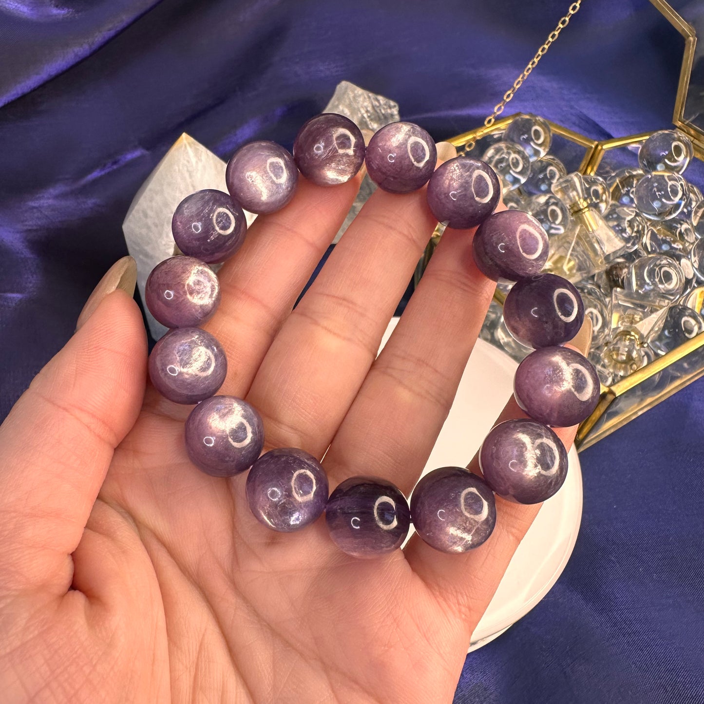 Natural Lepidolite Bracelet – 14mm Calming Purple Mica Crystal for Emotional Balance