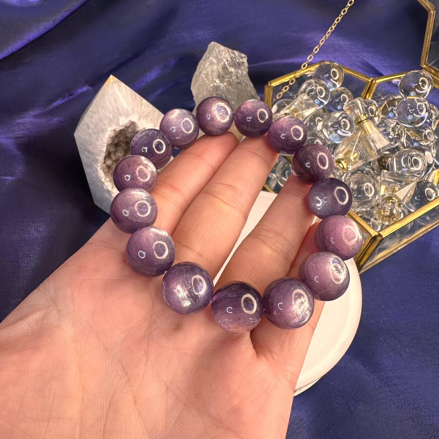 Natural Lepidolite Bracelet – 14mm Calming Purple Mica Crystal for Emotional Balance