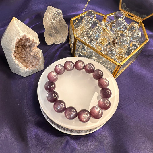 Natural Lepidolite Bracelet – 14mm Calming Purple Mica Crystal for Emotional Balance