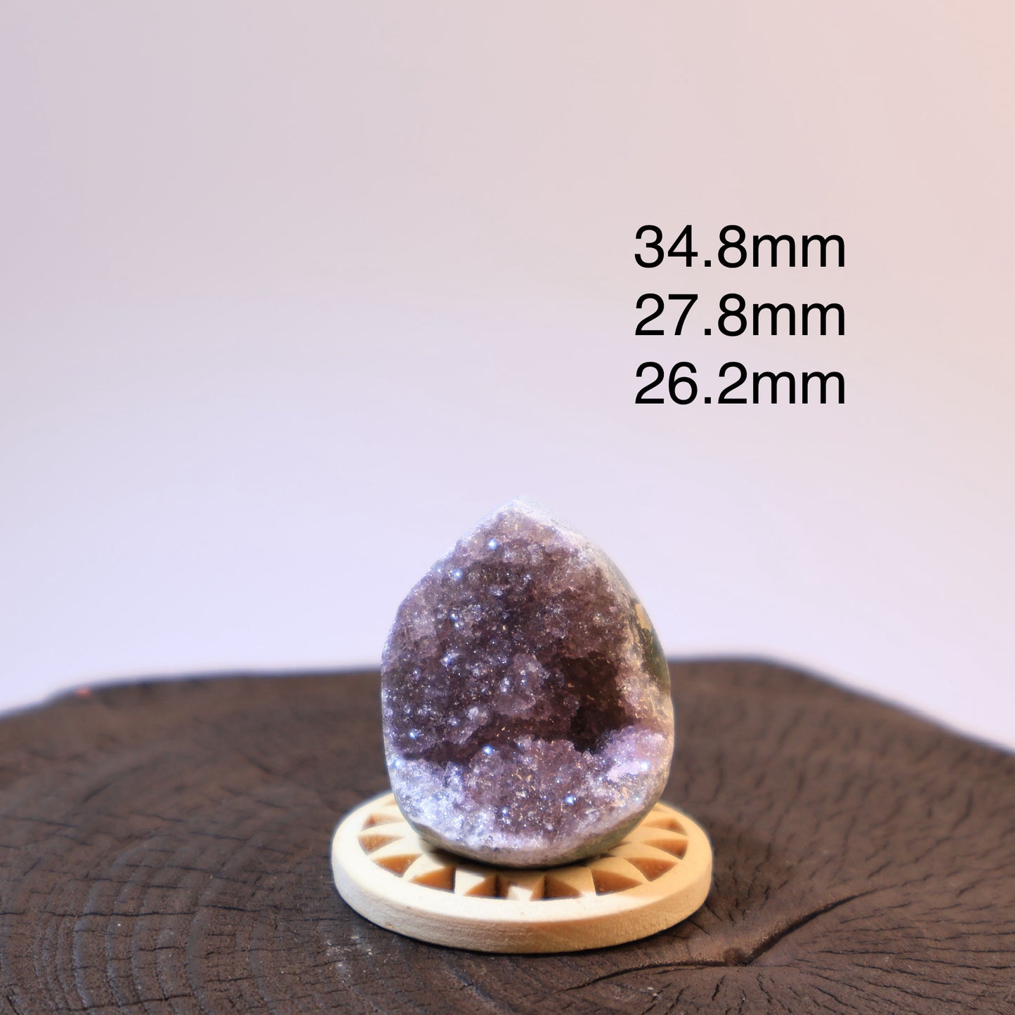 Purple amethyst geode egg, size 34.8 × 27.8 × 26.2 mm, front view.