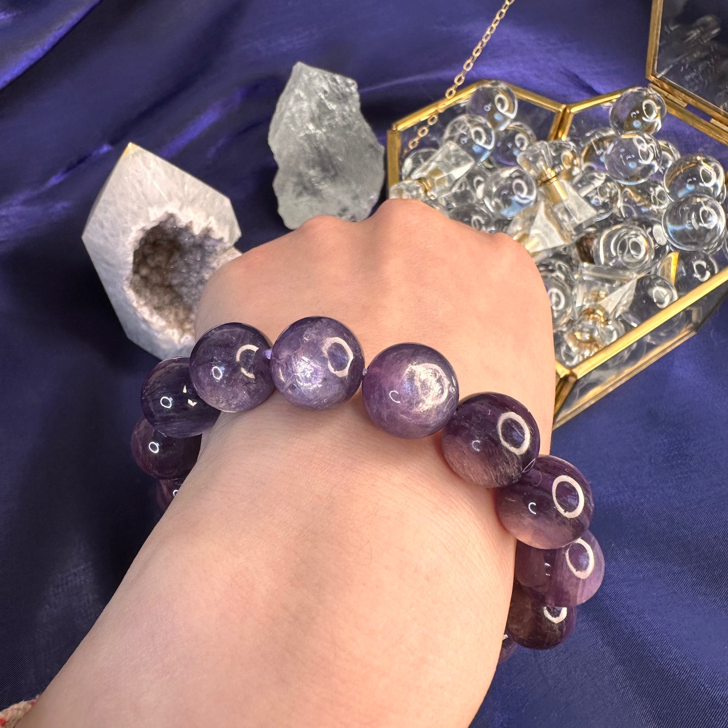 Natural Lepidolite Bracelet – 14mm Calming Purple Mica Crystal for Emotional Balance