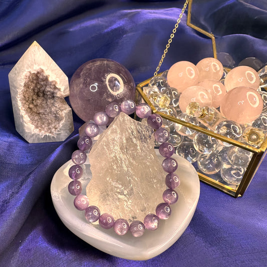Natural Lepidolite Bracelet – 8mm Calming Purple Mica Crystal for Emotional Balance