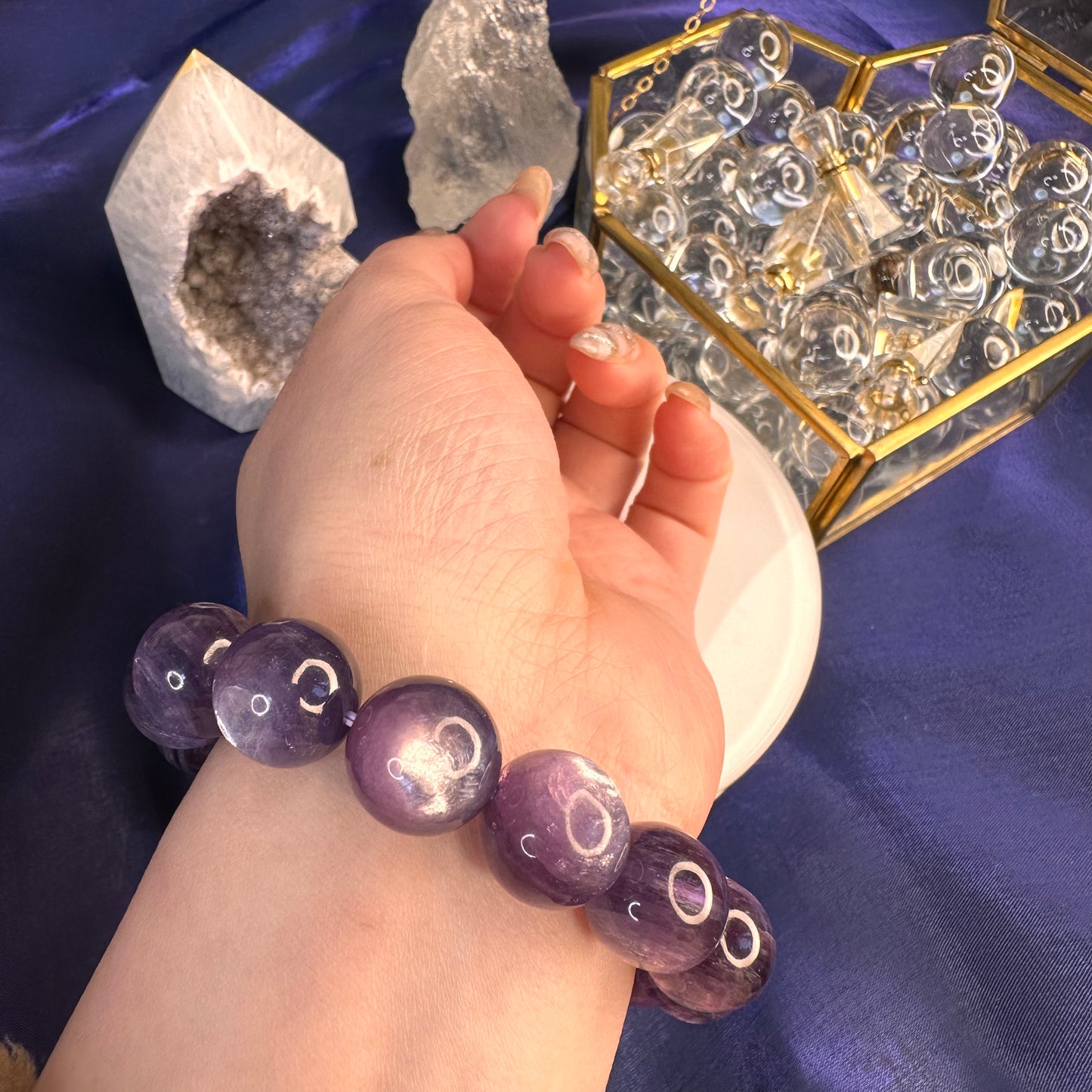 Natural Lepidolite Bracelet – 14mm Calming Purple Mica Crystal for Emotional Balance