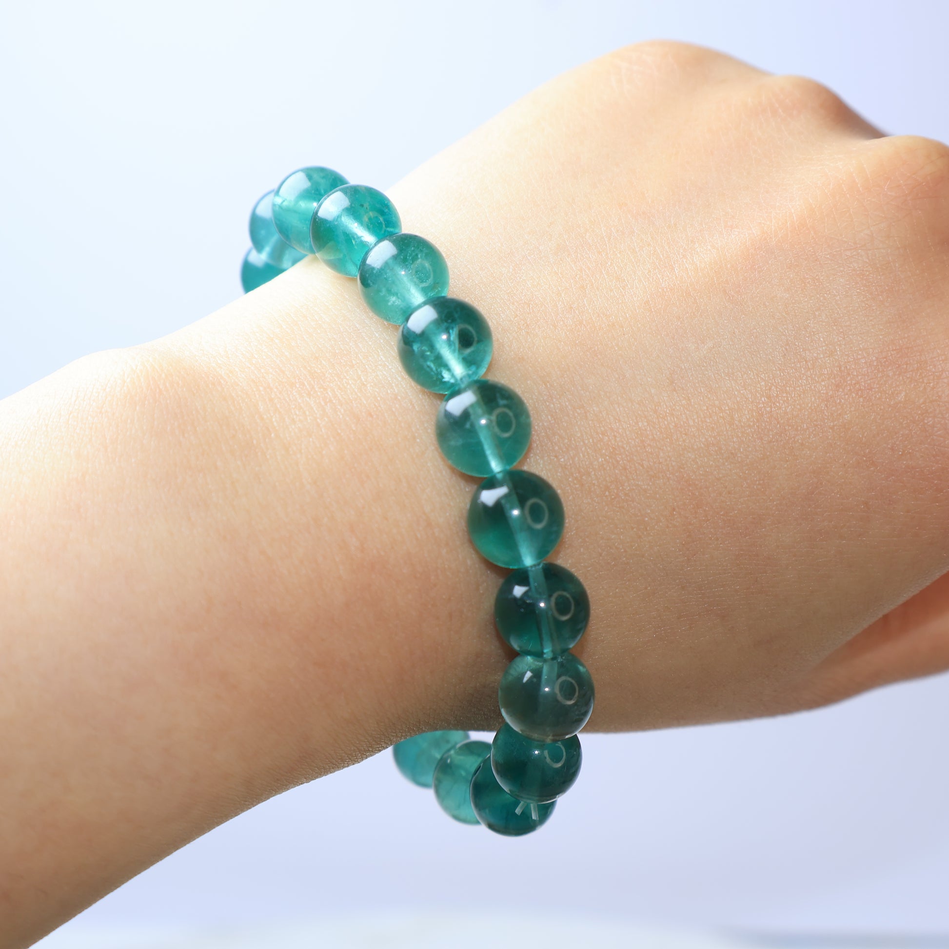 Natural 9mm Green Fluorite Bracelet on Wrist – Front View