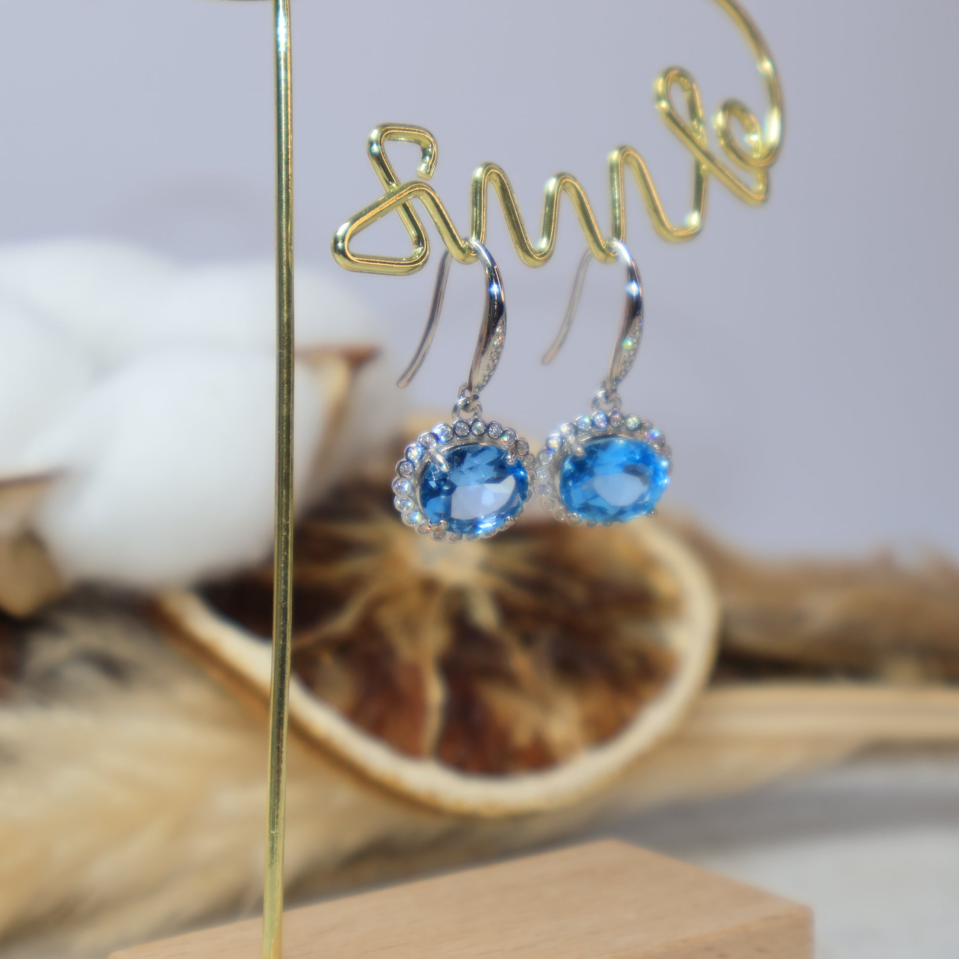 Close-up of 7×9mm Blue Topaz S925 Sterling Silver Earrings