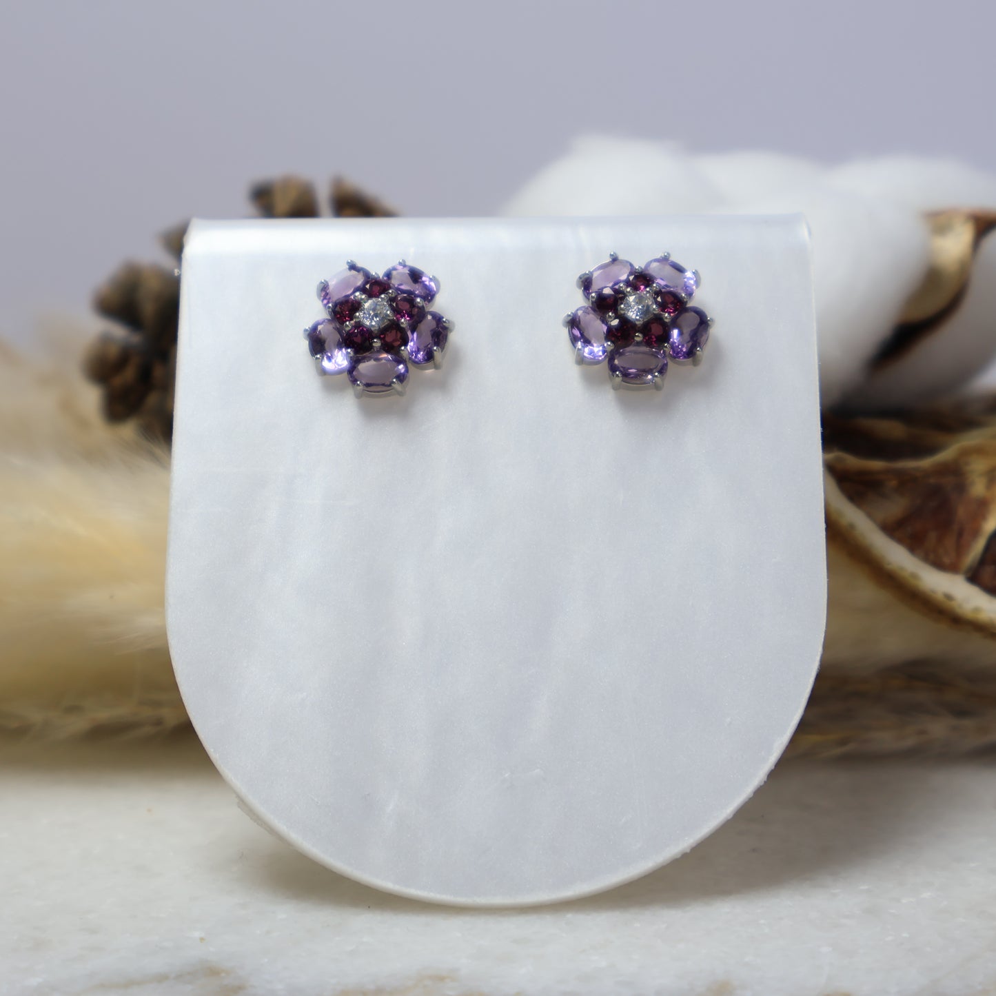 S925 Sterling Silver Natural Amethyst Garnet Flower Stud Earrings Front View